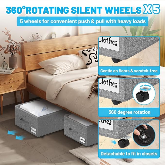 Under Bed Storage with Wheels, 2-Pack 10" Height XXL 75L Rolling Storage Bins, Quick Assembly Underbed Shoe Storage Containers with Clear Lid & Label, Dorm Under Bed Drawers for Clothes, Shoes, Grey - Image 4