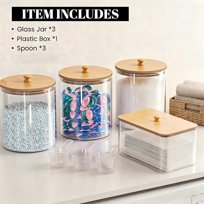 HomePekite Glass Laundry Pods Storage Container & Acrylic Dryer Sheet Holder, Laundry Room Organization and Storage, Detergent Powder Container, with Wooden Lids & Labels, 3+1 Pack - Image 5