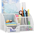 EasyPAG Mesh Desk Organizer with Drawer Multi-functional Pen Holder Stationery Organizer for Office School Supplies 6 Compartments Dorm Organizers and Storage for Desk, White by EasyPAG