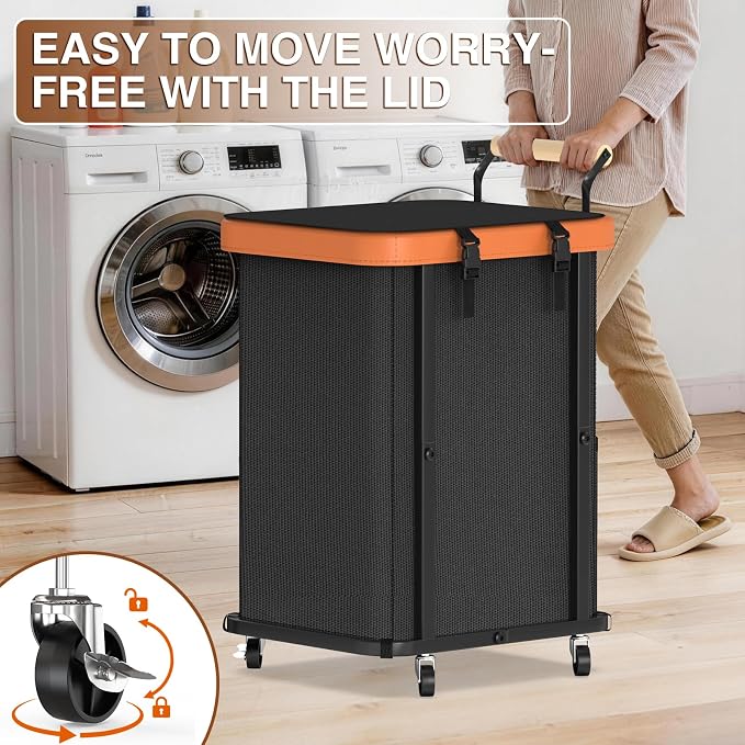 Laundry Hamper with Lid,Leather Patchwork Laundry Basket with Wheels 40Gal - Image 3