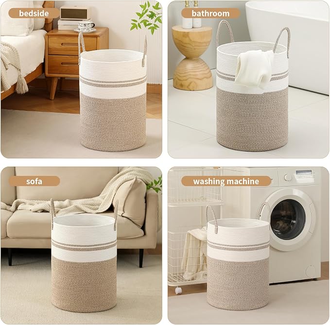 Laundry Basket Hamper Tall Rope Storage Woven for Blanket toys Dirty Clothes in Living Room Bathroom Bedroom (Brown&White, 100L/26.4Gal) - Image 5