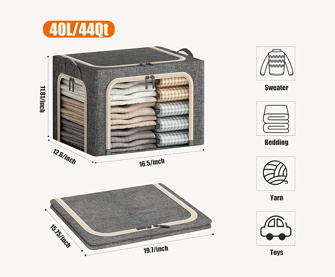 3 Openings Clothes Storage Bins with Metal Frame, Foldable Storage Bin for Clothes, Clothing Storage Bins with Lid, Linen Storage Box With Clear Window＆ Zippers＆ Durable Handles.(3 Pcs,Dark Grey,40L) - Image 6