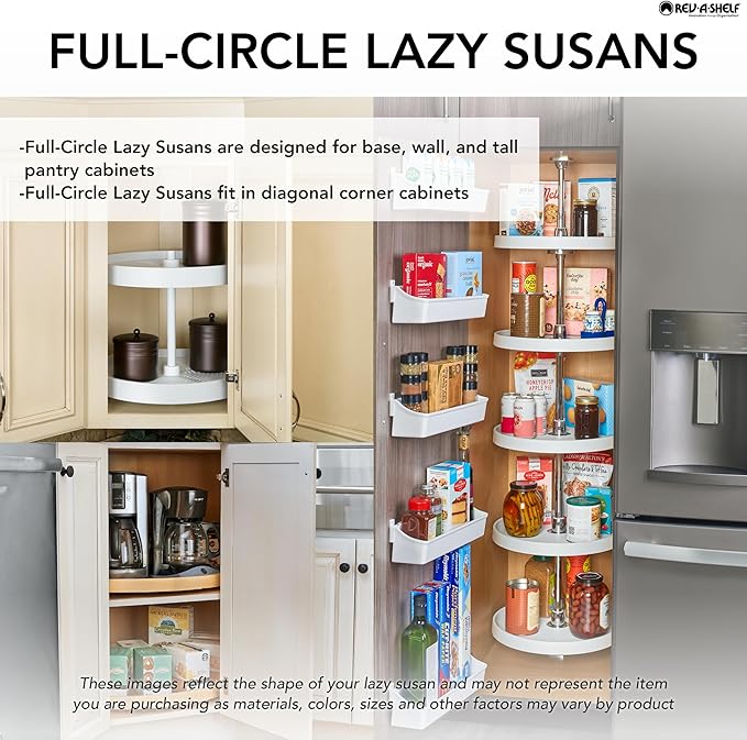 Rev-A-Shelf 24" Dual Full Circle Lazy Susan Organizer for Upper Corner Kitchen Cabinets, Plastic Home Storage 2 Tier Shelves, White, 6012-24-15-52 - Image 3