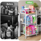 Hongtamoya 3 Tier Laundry Room Cart with Pull-Out Baskets, Storage Cart with Wheels, Rolling Cart with Wood Top Metal Bathroom Laundry Room Organization Mobile Shelf Unit Organizer Trolley, White - Image 7