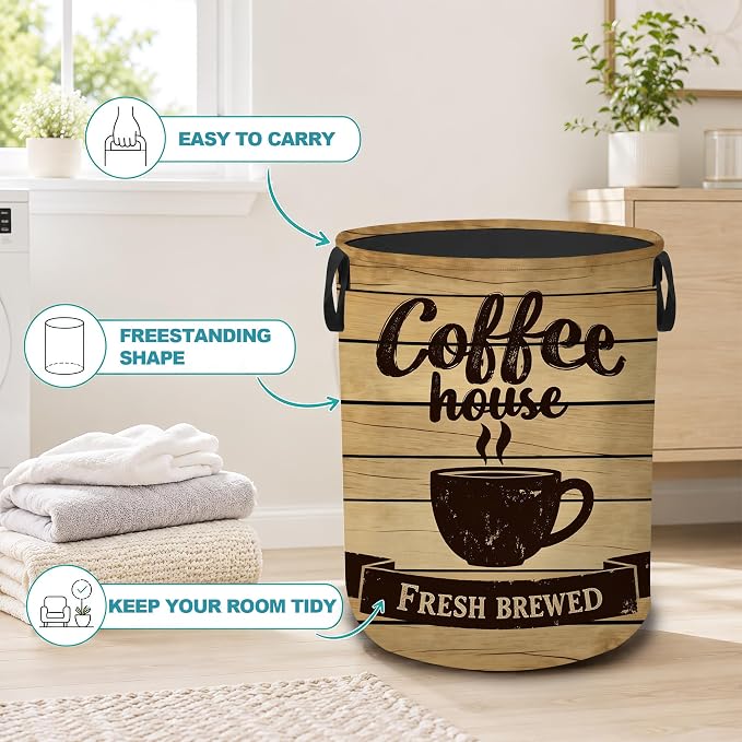 Laundry Basket,Coffee House Foldable Clothes Hamper with Handles,Rustic Wooden Cafe Waterproof Oxford Cloth Storage Organizer for Bedroom Bathroom College Dorm,16" x 20" - Image 3