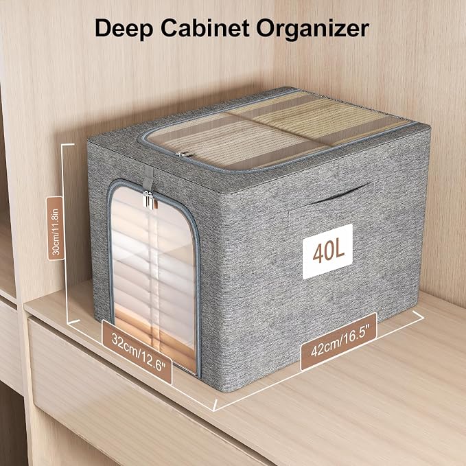 GoMaihe Clothes Storage Bins with Metal Frame for Closet, 40L 4-Pack Grey - Image 3