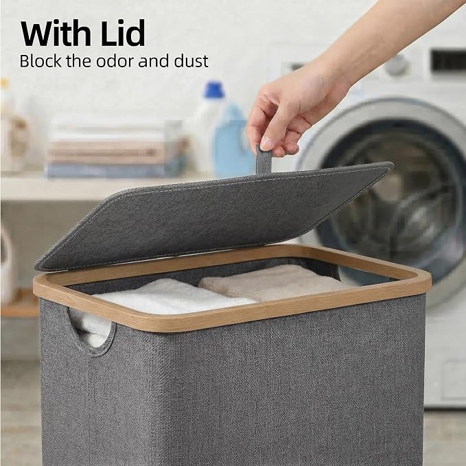 efluky Slim Laundry Basket with Lid, Narrow Laundry Hamper with Removable Bag, Skinny Dirty Clothes Basket with Bamboo Handles for Bathroom, Bedroom & Laundry Room, 65L Grey - Image 2