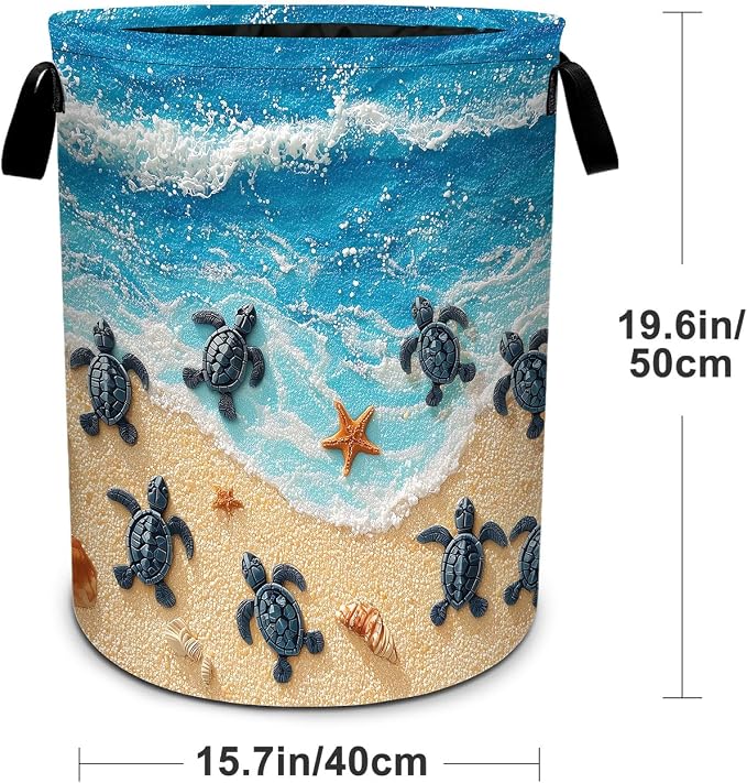 Sea turtles Waves Laundry Basket Foldable Laundry Hamper With Handles Clothes Storage Bucket Organizer Laundry Bag For Bedroom Bathroom Laundry Storage 19.6 x 15.7 - Image 2