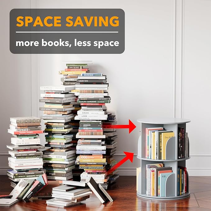 SpaceAid 2 Tier Rotating Bookshelf Tower, Spinning Bookcase Lazy Susan, Revolving 360 Book Shelf Storage Round Carousel, Vertical Rotate Turning Spiral Corner Organizer, Gray - Image 3