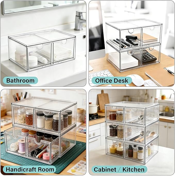 Prsildan Stackable Clear Makeup Organizer Acrylic Storage Drawers with 2 Drawers for Vanity Bathroom Office Desk Modular Drawer System for Cosmetics Jewelry Toiletries Home Organization - Image 4