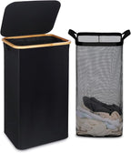 efluky 100L Laundry Basket with Lid and Net Bag, Tall Laundry Hamper with Bamboo Handles, Aesthetic Dirty Clothes Bin for Laundry Room, Bathroom, Bedroom and Dorm, Black by efluky