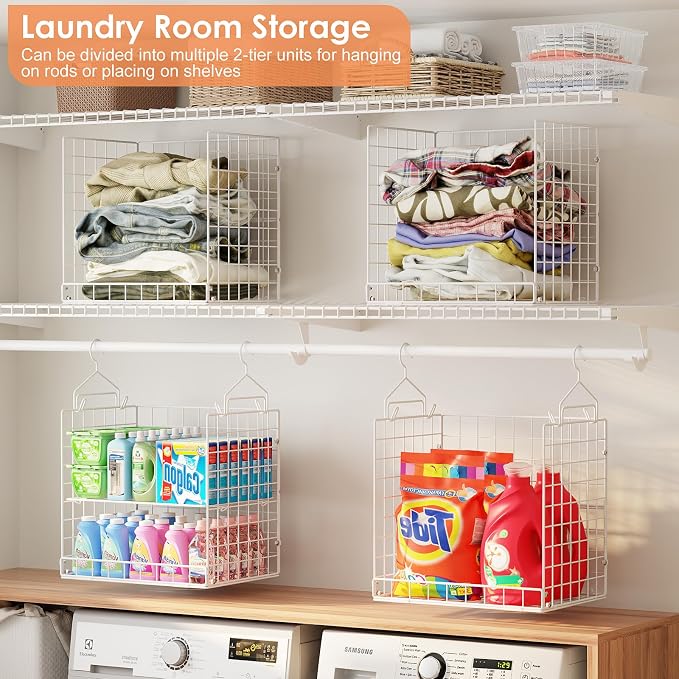 8 Tier Extended Width Hanging Closet Organizer, Sweater Storage for Closet Organizer System, Stackable Wire Basket Bins for Clothes Purse Shoes, Hanging Shelves with 4 Hooks & 4 Dividers Adjustable - Image 2
