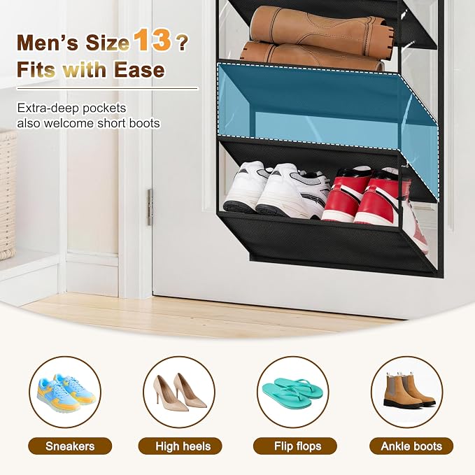 MISSLO 36 Pairs Clear Over the Door Shoe Organizer Closet Hanging Shoe Rack for Door with Large Deep Pockets Shoes Hanger Holder for Sneakers, Boots, Heels Storage (Black) - Image 3