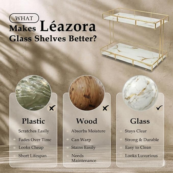 2-Tier White Marble Bathroom Countertop Organizer – Glass Shelves & Gold Metal Frame, Elegant Vanity Storage Shelf for Perfume, Skincare, Makeup & Toiletries - Image 3