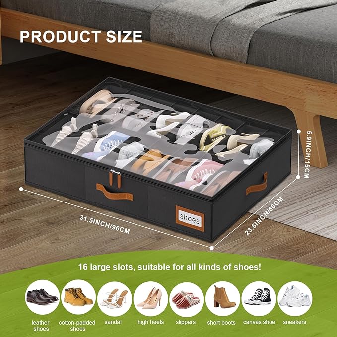 homyfort Shoe Organizer Under Bed, Fits 32 Pairs, Under bed Shoe Storage Boxes with Study Handles and Clear Cover, zapateras organizer for shoes, set of 2 - Image 2