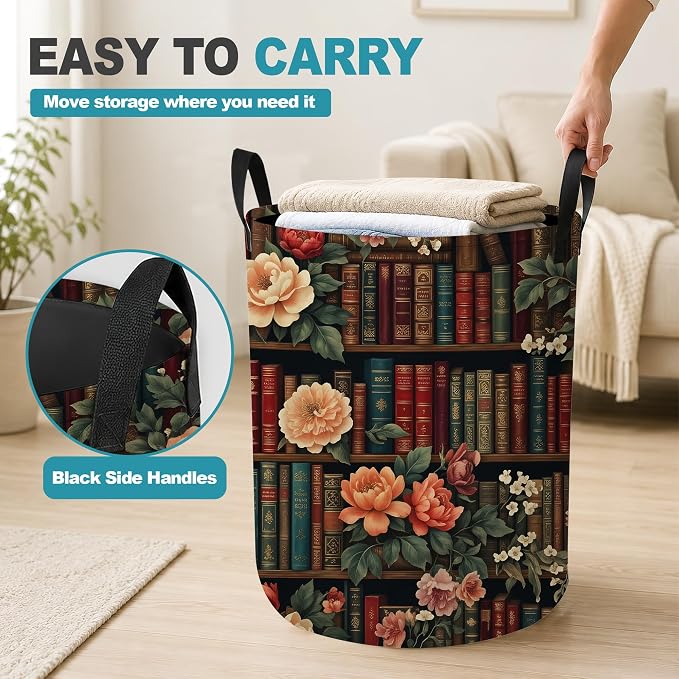 Vintage Bookshelf Portable Laundry Hamper,Floral Library Collapsible Clothes Basket with Handles,Waterproof Oxford Cloth Organizer for Dorm Bedroom Bathroom Nursery,16 x 20 Inch - Image 5