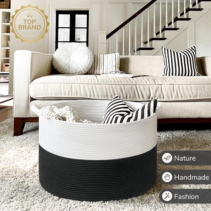 INDRESSME XXXLarge Woven Rope Blanket Basket Living Room White Black, 90L - Image 7