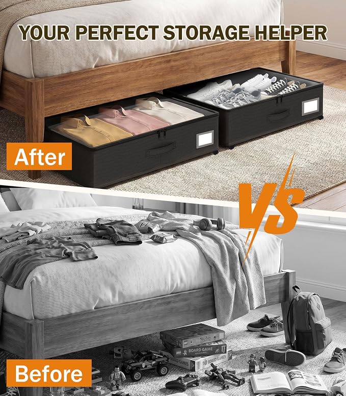 Under Bed Storage with Wheels 2-Pack, Under Bed Storage Containers, Underbed Box with Clear Lids, Rolling Underbed Storage bins for Shoes, Clothes, Blankets (25" L x 16.2" W x 5.5" H) - Image 5