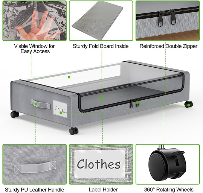 Molutsody Under Bed Storage with Wheels, 2-Pack Underbed Storage Containers with Clear Lids, Under Bed Shoe Storage Organizer Bins, Rolling Under Bed Storage for Clothes Shoes Blankets (Grey) - Image 4