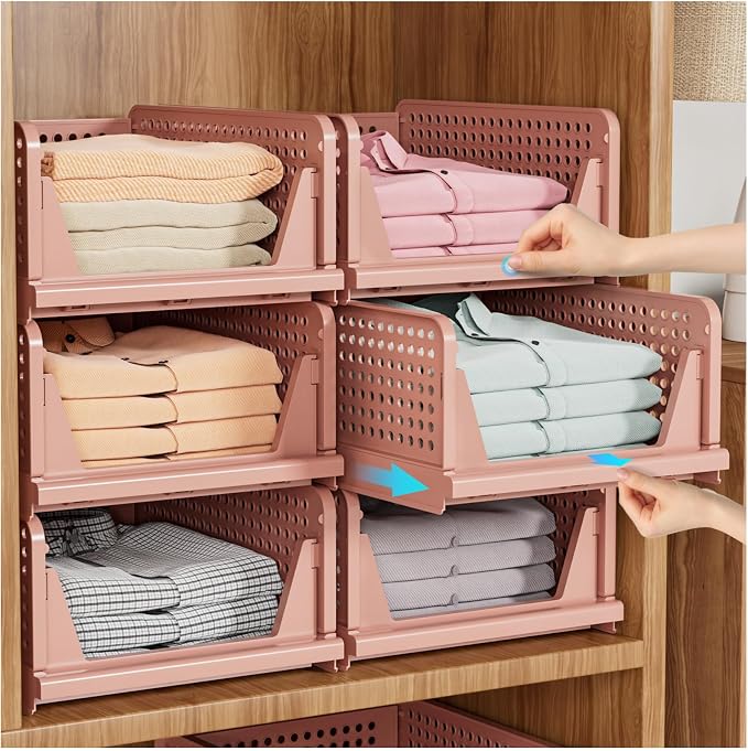 SNSLXH 5 Pack Stackable Closet Organizer Box, Multifunctional & Foldable Closet Storage Basket for Bathroom Kitchen Laundry Room Wardrobe Storage, Space-Saving Clothes Storage Drawer Organizer, Pink by SNSLXH