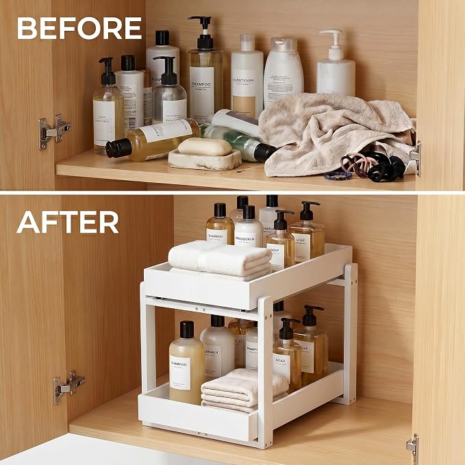 Bamboo Under Sink Storage 2 Tier Pull Out Cabinet Organizer Slide Out Under Sink Storage Shelf Undersink Organizers Shelves for Kitchen Bathroom Organization (White, 2 Pack) - Image 7