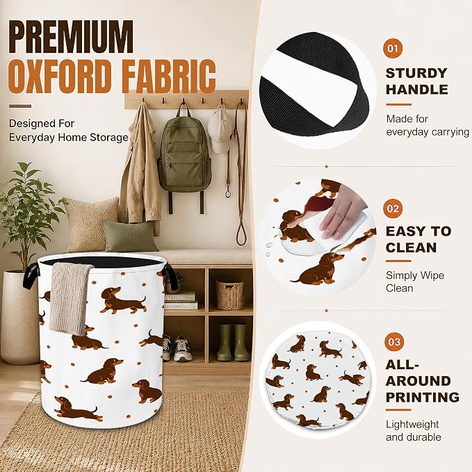 Dachshund Foldable Laundry Hamper with Handles,Cute Dog Oxford Clothes Storage Basket, Portable Laundry Basket Organizer for Laundry Room Bedroom Bathroom Dorm,20.8x16 Inch - Image 3