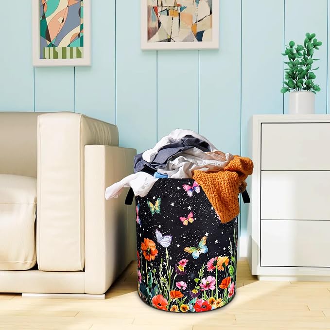 Colorful Butterflies Flowers Laundry Basket Oxford Cloth 18.9 x 16.5 Inch - Image 6