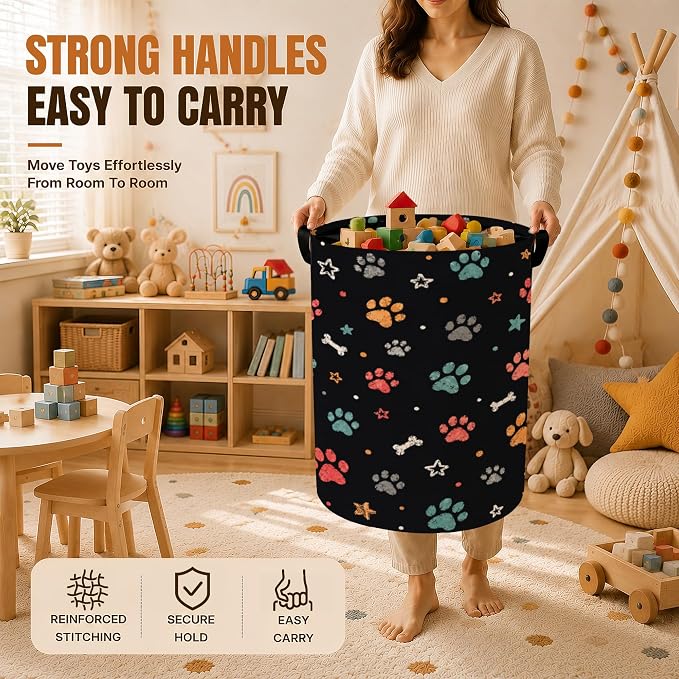 Dog Paws Laundry Basket with Handles,Cute Stars Foldable Oxford Clothes Hamper, Portable Dirty Clothes Storage Organizer for Bedroom Bathroom Dorm Laundry Room,20.8x16 Inch - Image 4