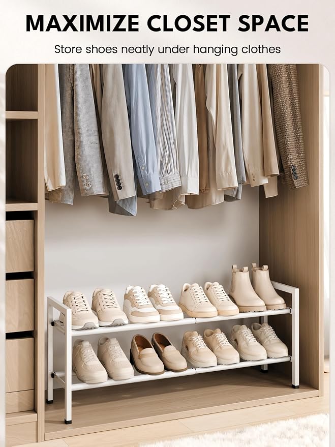 Bumusty 2 Tier Expandable Shoe Rack for Closet, White | 18"-33" Adjustable Shoe Rack for Entryway, Small Shoe Organizer for Dorm, Front Door, Sturdy Metal - Image 4