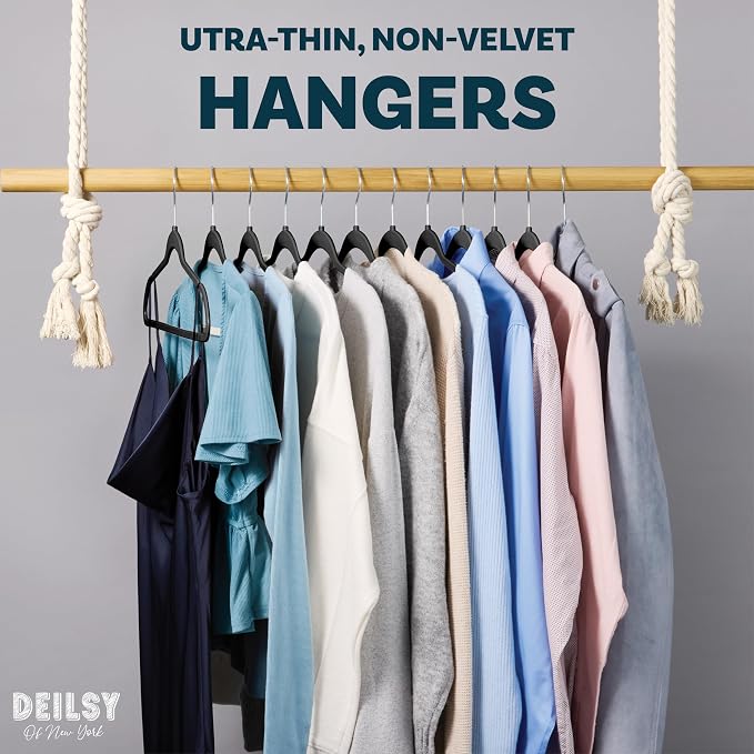 DEILSY™ Non-Velvet Black Plastic Hangers Slim Hangers 50 Pack for Closet | Space saving hangers, modern black hangers, thin hangers for shirts, jackets, coats and everyday clothing - Image 2