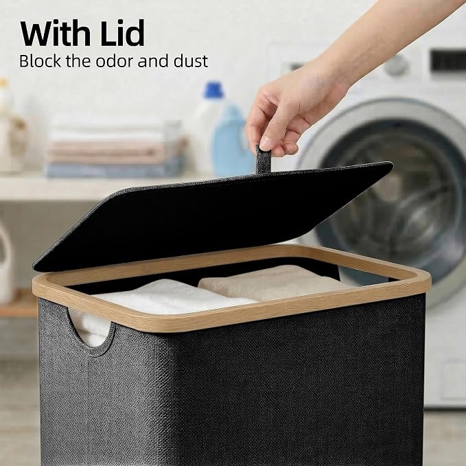 efluky Slim Laundry Basket with Lid, Narrow Laundry Hamper with Removable Bag, Skinny Dirty Clothes Basket with Bamboo Handles for Bathroom, Bedroom & Laundry Room, 90L Black - Image 2