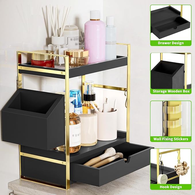 2-Tier Bathroom Counter Organizer, Wooden Vanity Shelf with Drawer & Basket - Image 3