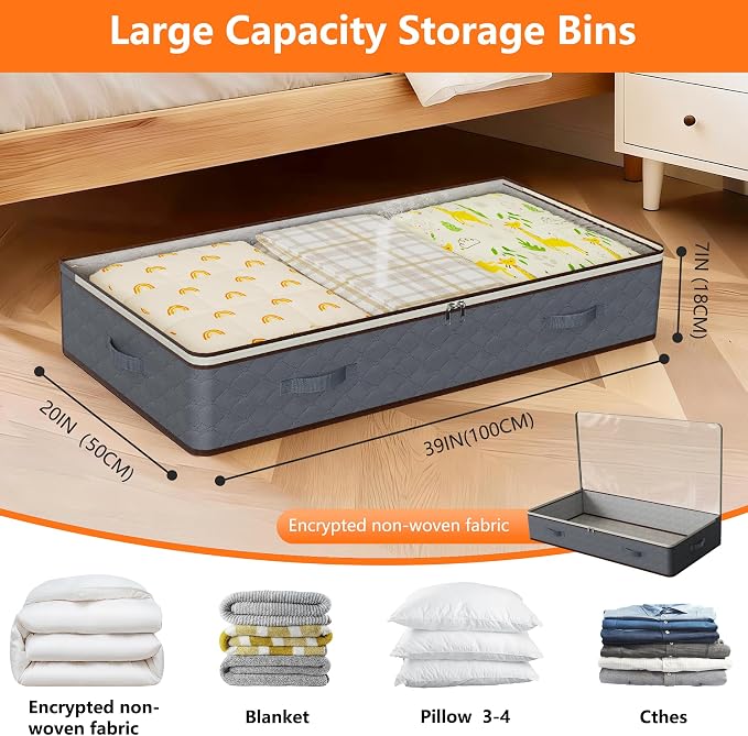 90L Under Bed Storage Containers,2-Pack Closet Organizer Storage Bins,Grey | for Organization and Storage Clothes, Shoes, Blankets & Pillows,Visible Transparent Top Storage Bins with Lids - Image 2