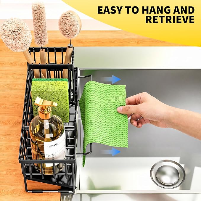 Cisily Kitchen Sink Caddy Organizer with High Brush Holder, Sponge Holder for Sink, 304 Rustproof Stainless Steel, Countertop Soap Dispenser Organizer, Black with Towel Rack, 9.25 - Image 2