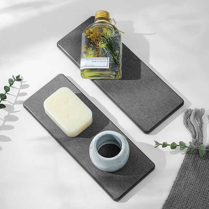 Razborci 2PCS Bathroom Trays, Water Absorbing Diatomite Stone Quick Drying Mat for Kitchen Counter, Dish Rack Soap Dispenser Sponge Holder Caddy Sink Vanity Organizer, Dark Gray Slate,9"x3.5" by Razborci