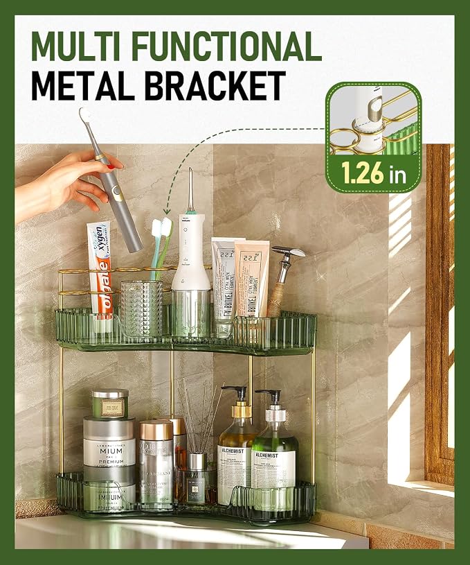 EUHOME 2-Tier Corner Bathroom Counter Organizer Makeup Cosmetic Storage, Tool-Free Installation Acrylic Vanity Shelf, Skin Care Organizer Perfume Tray for Countertop Bathroom, Dresser, Kitchen (Green) - Image 4