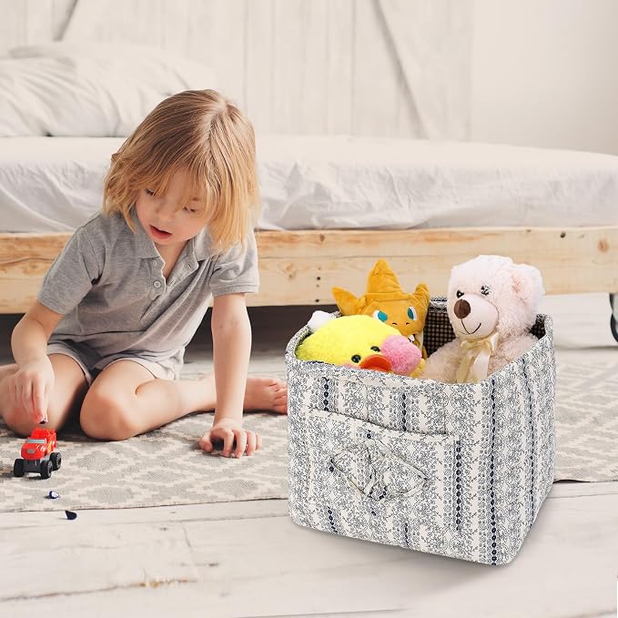 Storage Basket Boho Fabric Large Collapsible Floral Laundry Nursery Hamper Portable Folding Storage for Clothes Toys (Vine-Blue B) - Image 2