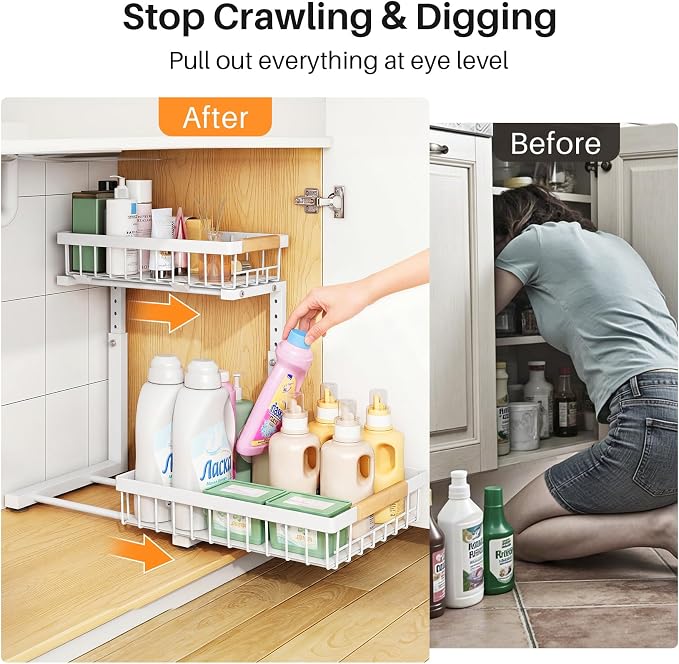 PXRACK Under Sink Organizer, Adjustable Height, 2 Tier Pull Out Under Cabinet Organizer, Slide Out Thickened Metal Under Sink Storage for Kitchen Bathroom Laundry Pantry Cabinet, White, Small-1-Pack - Image 4