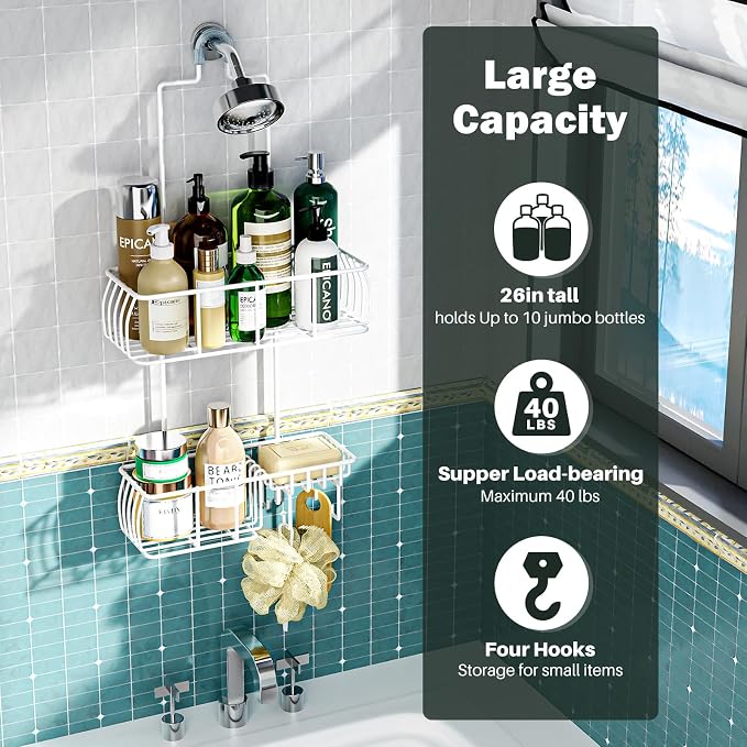 Epicano Shower Caddy Hanging Over Head, White,Stainless Steel - Image 2