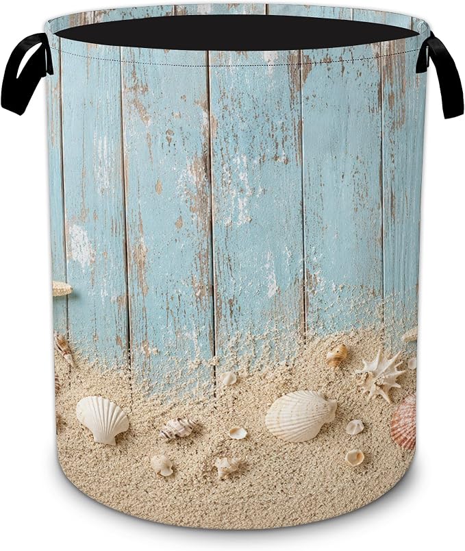Laundry Basket with Handles,Summer Starfish Foldable Oxford Clothes Hamper,Rustic Blue Woodboard Portable Dirty Clothes Storage Bucket for Bedroom Bathroom Dorm Laundry Room Decor,20.8x16 Inch by Unknown