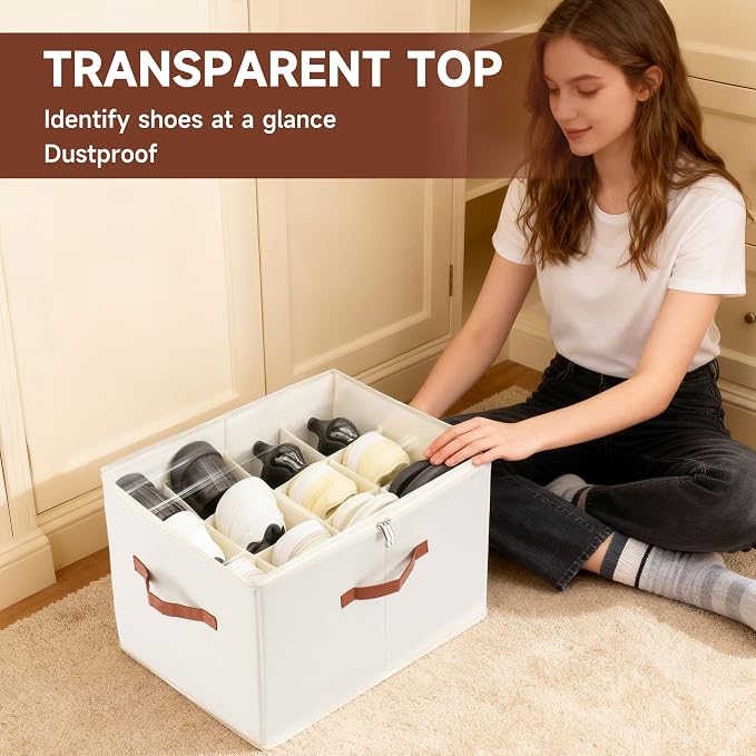 2-Pack Shoe Organizer for Closet, Foldable Shoe Storage Container with Adjustable Dividers & Clear Lid, Holds Up to 12 Pairs, Space-Saving Shoe Boxes, White - Image 4