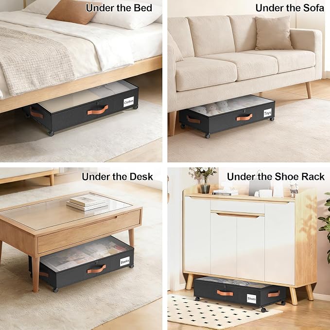 Under Bed Storage Containers with Wheels Large Underbed Shoes Blankets Clothes Toy Storage Drawers for College Dorms Bedrooms Nursery Rooms Organization (Black 2 Pack, 6.6in height(30.3"x15.7"x6.6")) - Image 7
