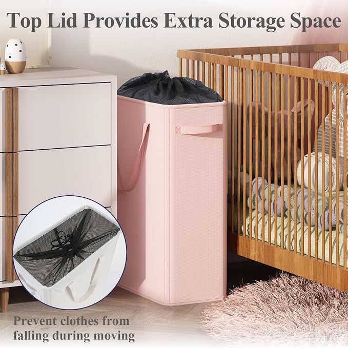 Optish 50L Pink Slim Laundry Hamper, Narrow Laundry Basket with Handles, Baby Girl Hamper for Nursery, Dorm, Bedroom, Living Room, Collapsible Laundry Basket - Image 4
