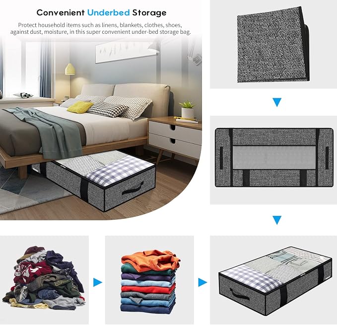 Onlyeasy 4 Pack Under Bed Clothes Storage Bags Organizer with Reinforced Handles and Zippers, Foldable Underbed Storage Container Bags for Blankets, Comforters, Bedding, Linen-like Black, MXAUBBP4 - Image 3