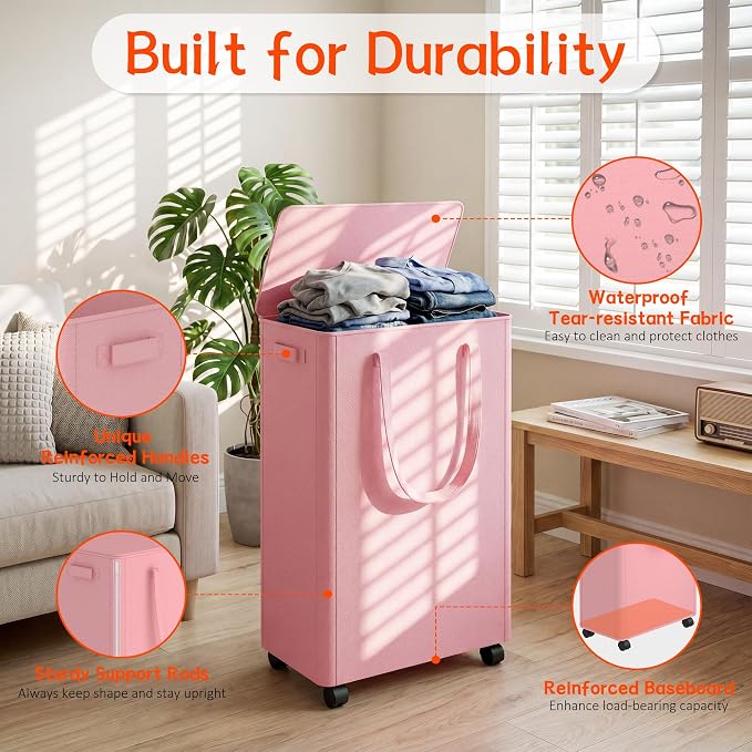 Slim Laundry Hamper with Wheels,15 Gal (55L) Rolling Laundry Basket with lid and wheels Clothes Hamper Foldable Tall Dirty Clothes Basket Sturdy Collapsible Clothes Hamper for Dorm,Laundry Room - Image 3