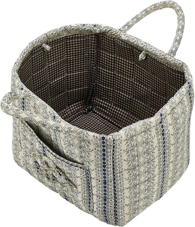 Quilted Fabric Storage Basket with Handles & Pocket, Foldable Laundry Hamper Boho Floral Print Organizer Bin for Home, Picnic, Office 12"x10"x10" (B-4) - Image 5
