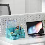 EasyPAG Mesh Desk Organizer with Drawer Multi-functional Pen Holder Stationery Organizer for Office School Supplies 6 Compartments Dorm Organizers and Storage for Desk, Blue - Image 5
