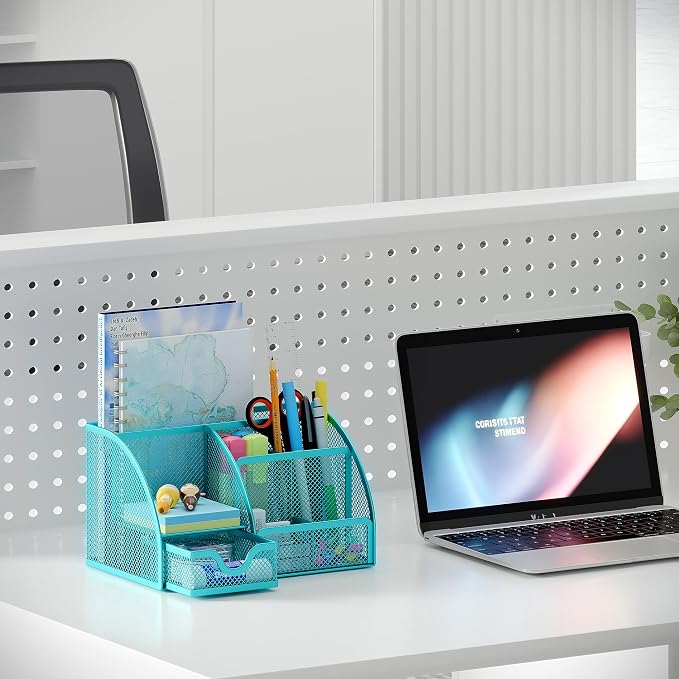 EasyPAG Mesh Desk Organizer with Drawer Multi-functional Pen Holder Stationery Organizer for Office School Supplies 6 Compartments Dorm Organizers and Storage for Desk, Blue - Image 5