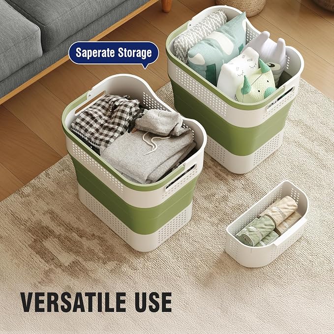 TECHMILLY Collapsible Plastic Laundry Basket Hamper with Handles, 35L Portable Rubber Clothes Basket, Pop Up Storage Container/Organizer with Hanging basket for Washing & Storage, Green - Image 6