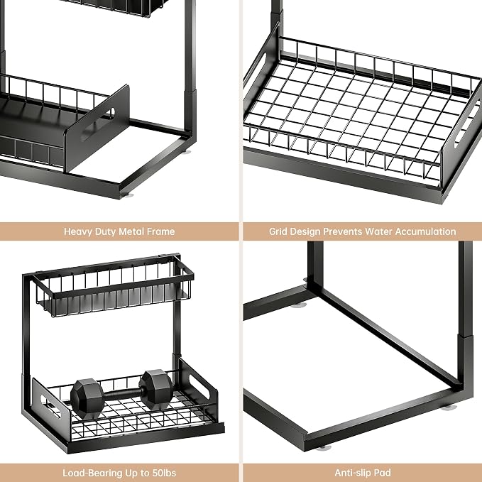 Under Sink Organizer and Storage, Slide Out Cabinet Organizer, Pull Out Sink Shelf for Kitchen Bathroom Laundry, Black, 1 Pack - Image 7